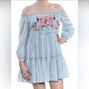 Free People Light Blue Off-Shoulder Embroidered Floral Dress